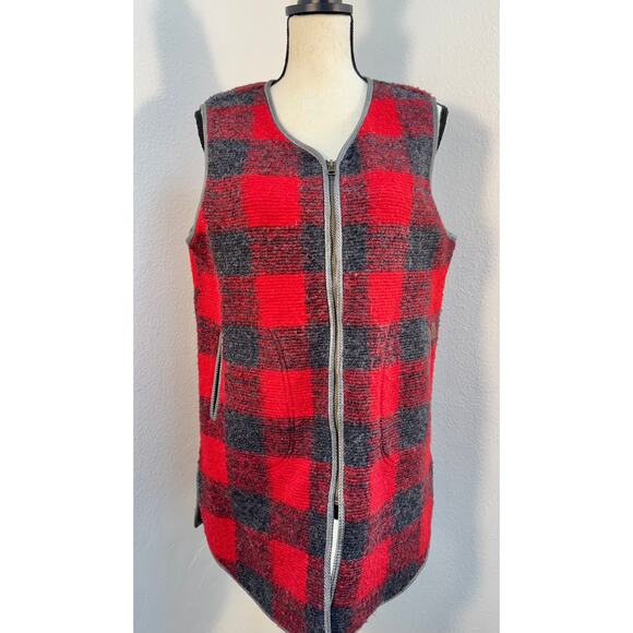 Woolrich Buffalo Plaid Wool Vest Red Gray Black Womens Long Tunic L Cabincore - Picture 2 of 7